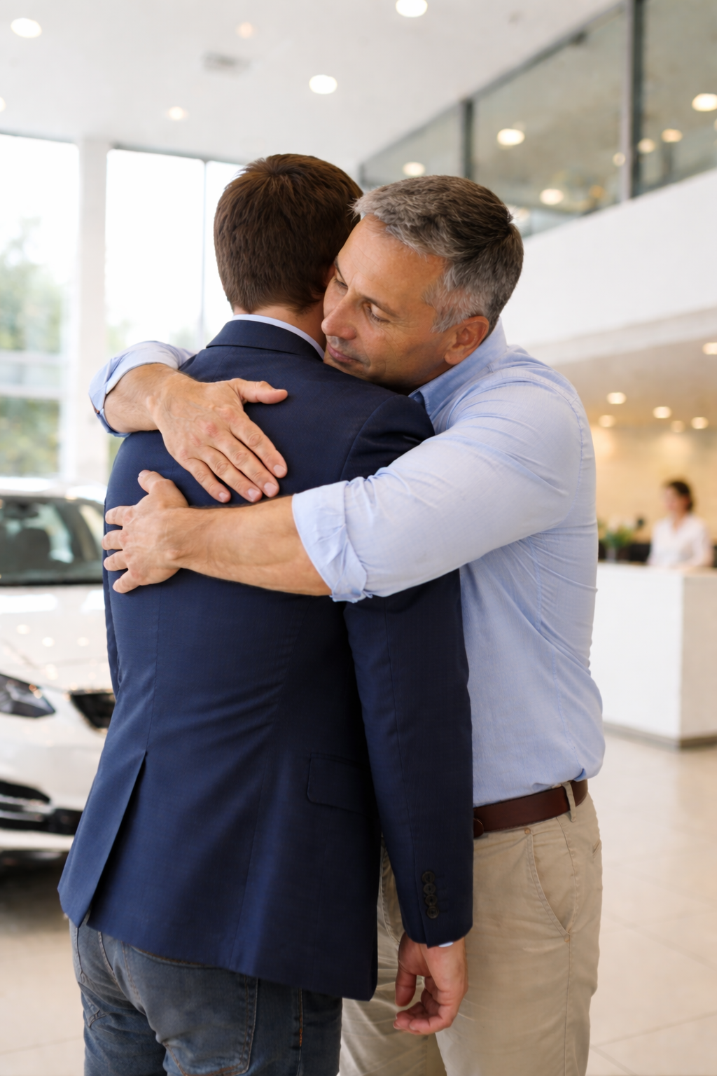 Two men hugging in dealership